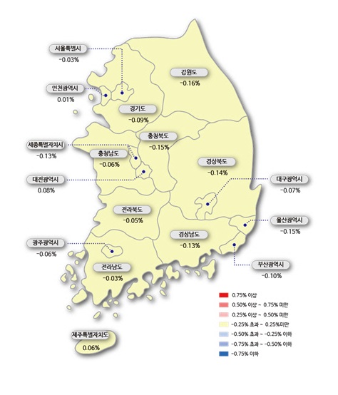 5월 넷째 주 서울 주간 아파트값 변동률은 전주보다 낙폭이 0.01%포인트 둔화된 –0.03%를 기록했다. (사진=한국감정원)