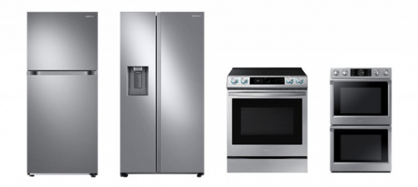 (왼쪽부터) JD파워에서 각 부문 1위를 차지한 상냉동·하냉장 냉장고, 양문형 냉장고, 레인지, 빌트인 오븐 제품(사진=삼성전자)
