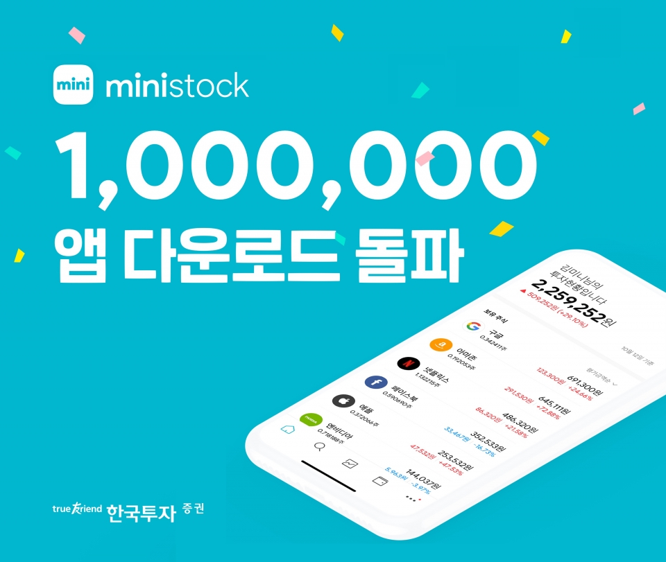 한국투자증권은 모바일 해외주식투자 플랫폼 '미니스탁(ministock)' 앱 누적 다운로드 수가 100만회를 넘어섰다고 17일 밝혔다. 앱 출시 1년이 채 되지 않은 시점에 거둔 성과다. (자료=한국투자증권)