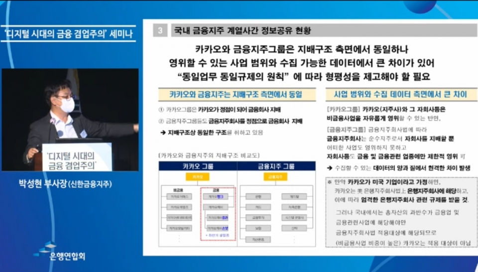 박성현 신한금융지주 부사장이 '금융지주회사 계열사간 정보공유 확대 필요성'이라는 주제발표에서 발표를 하는 모습. (자료=유튜브)